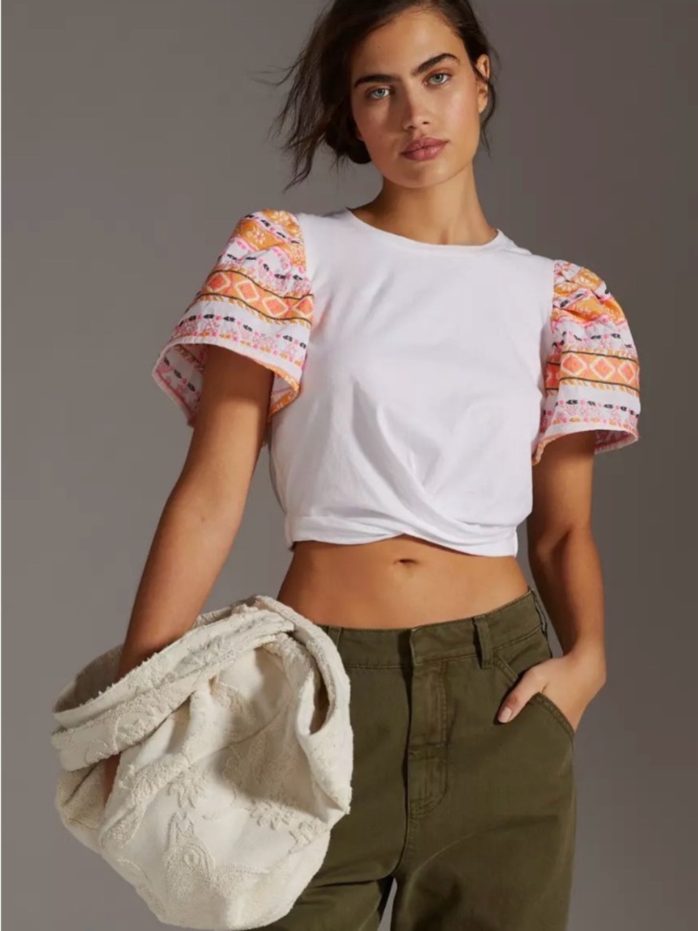 Dolan Embroidered-Sleeve Twist Top-size medium
